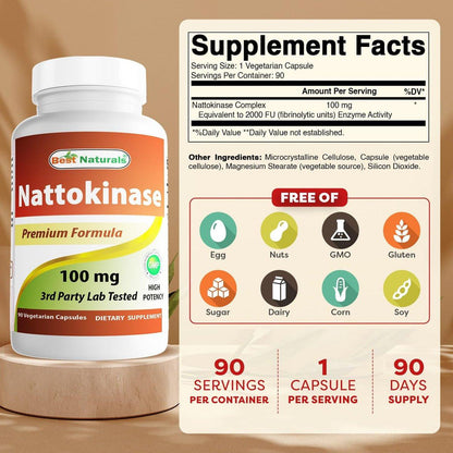 Best Naturals Nattokinase 2000 FU, 100 mg, 90 vegane Kapseln – Hochdosiertes Enzym zur Unterstützung der Herz-Kreislauf-Gesundheit