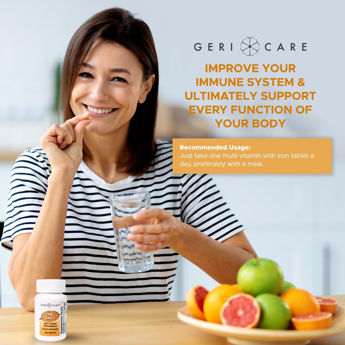 GeriCare One-Daily Multivitamin mit Mineralien für Männer & Frauen (100 Tabletten) | Hochdosiertes Multi-Vitamin & Multimineral Nahrungsergänzungsmittel für Immunsystem, Energie | Tägliche Nährstoffversorgung