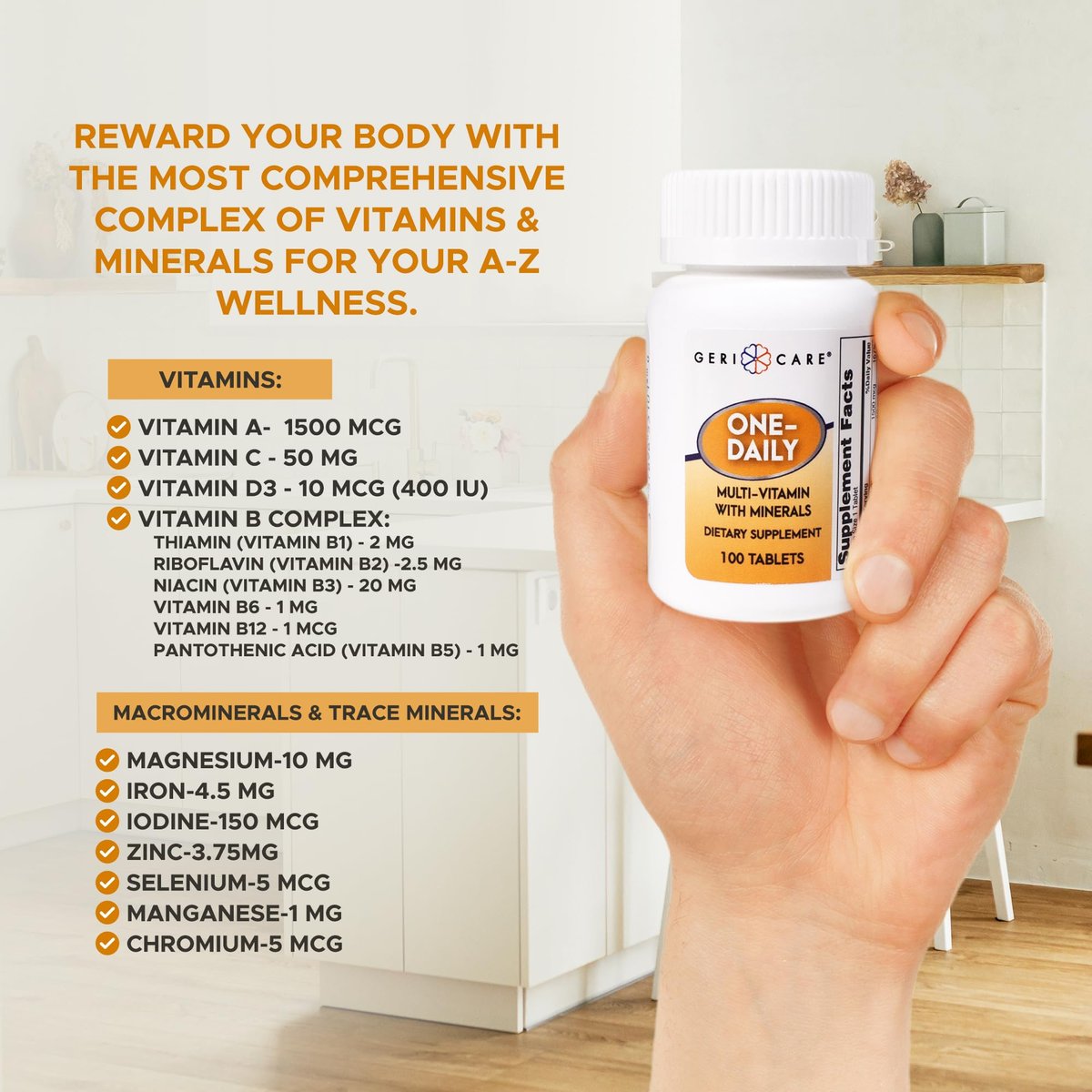 GeriCare One-Daily Multivitamin mit Mineralien für Männer & Frauen (100 Tabletten) | Hochdosiertes Multi-Vitamin & Multimineral Nahrungsergänzungsmittel für Immunsystem, Energie | Tägliche Nährstoffversorgung
