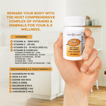 GeriCare One-Daily Multivitamin mit Mineralien für Männer & Frauen (100 Tabletten) | Hochdosiertes Multi-Vitamin & Multimineral Nahrungsergänzungsmittel für Immunsystem, Energie | Tägliche Nährstoffversorgung