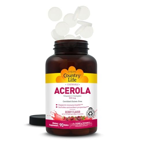 Country Life Acerola Vitamin C Complex 500mg – Kautabletten mit Acerola, Zitrus-Bioflavonoiden & Hagebutte, Immunsystem-Unterstützung, glutenfrei, vegan, 90 Kautabletten