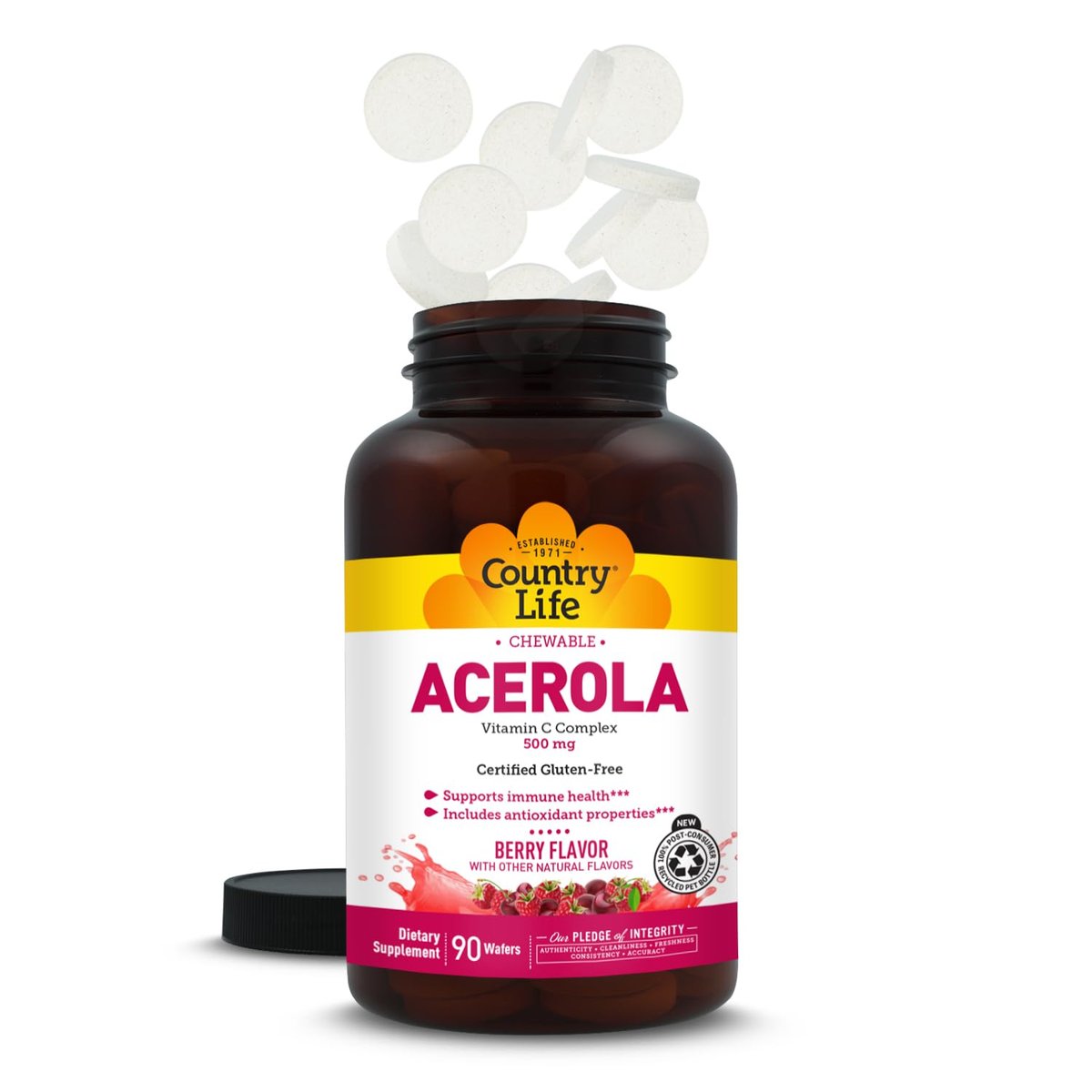 Country Life Acerola Vitamin C Complex 500mg – Kautabletten mit Acerola, Zitrus-Bioflavonoiden & Hagebutte, Immunsystem-Unterstützung, glutenfrei, vegan, 90 Kautabletten