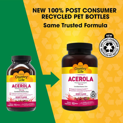 Country Life Acerola Vitamin C Complex 500mg – Kautabletten mit Acerola, Zitrus-Bioflavonoiden & Hagebutte, Immunsystem-Unterstützung, glutenfrei, vegan, 90 Kautabletten