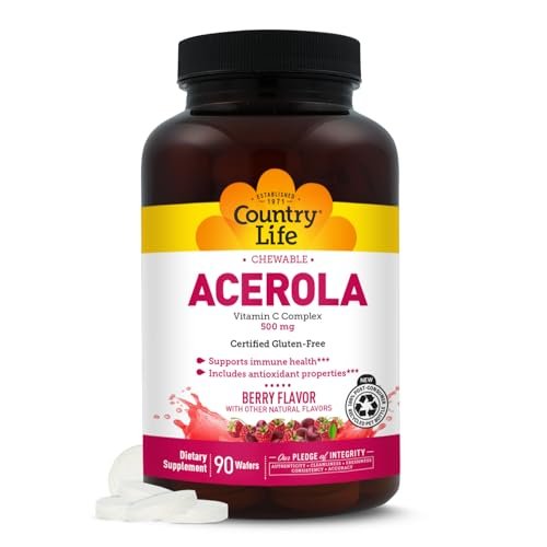Country Life Acerola Vitamin C Complex 500mg – Kautabletten mit Acerola, Zitrus-Bioflavonoiden & Hagebutte, Immunsystem-Unterstützung, glutenfrei, vegan, 90 Kautabletten