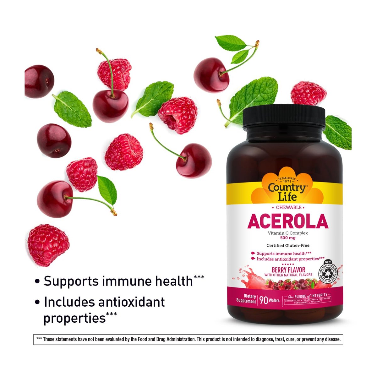 Country Life Acerola Vitamin C Complex 500mg – Kautabletten mit Acerola, Zitrus-Bioflavonoiden & Hagebutte, Immunsystem-Unterstützung, glutenfrei, vegan, 90 Kautabletten