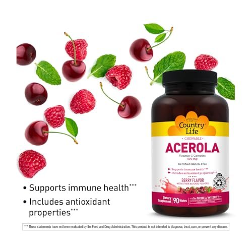Country Life Acerola Vitamin C Complex 500mg – Kautabletten mit Acerola, Zitrus-Bioflavonoiden & Hagebutte, Immunsystem-Unterstützung, glutenfrei, vegan, 90 Kautabletten
