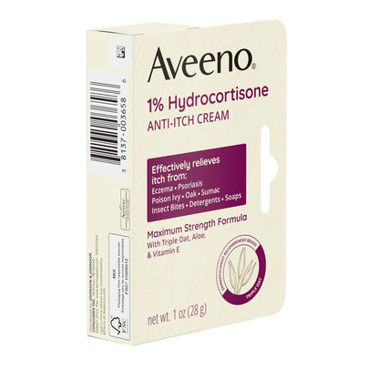 Aveeno Maximum Strength 1% Hydrocortison Anti-Juckreiz Creme mit reinem Haferessenz, Triple-Oat-Komplex, Aloe & Vitamin E – gegen Juckreiz, Hautausschlag & Rötungen bei Ekzemen, Psoriasis, Insektenstichen, Giftefeu, Gifteiche & Giftsumach, 28 g (2er-Pack)