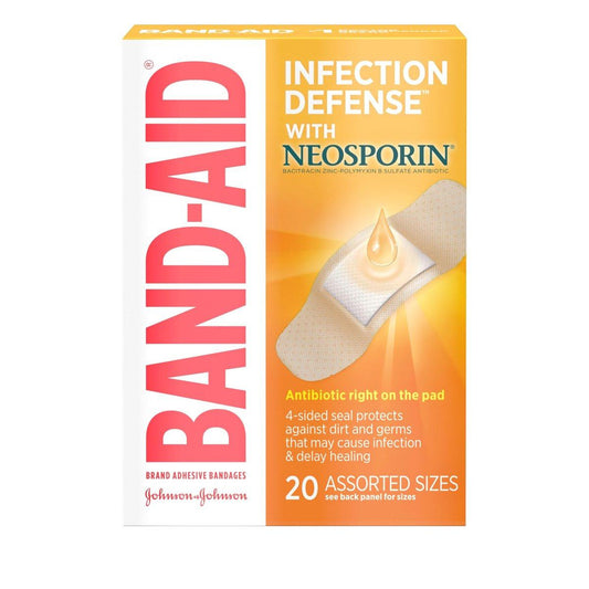 Band-Aid Wundpflaster Infektionsschutz mit Neosporin Antibiotischer Salbe, gemischte Größen, für Wundversorgung und Erste Hilfe, 20 Stück