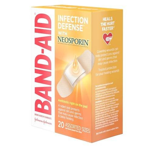 Band-Aid Wundpflaster Infektionsschutz mit Neosporin Antibiotischer Salbe, gemischte Größen, für Wundversorgung und Erste Hilfe, 20 Stück