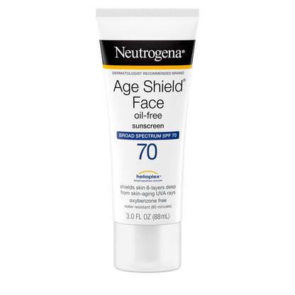 Neutrogena Age Shield Gesichts-Sonnencreme, ölfrei, LSF 70, Breitspektrum, nicht komedogen, feuchtigkeitsspendend, hilft Zeichen der Hautalterung vorzubeugen, PABA-frei, 88 ml