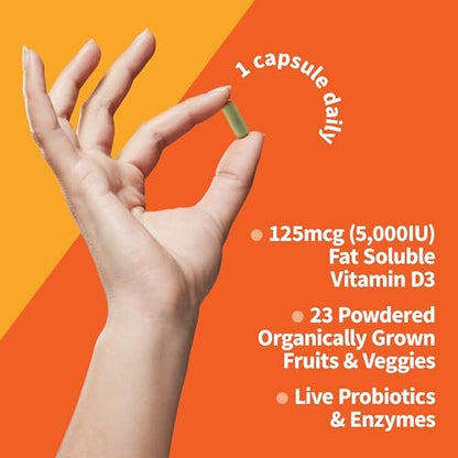 Garden of Life Vitamin D3 5000 IE – rohes Vollwertpräparat mit Chlorella, Früchten, Gemüse und Probiotika für Knochen- und Immununterstützung, 60 vegane Kapseln