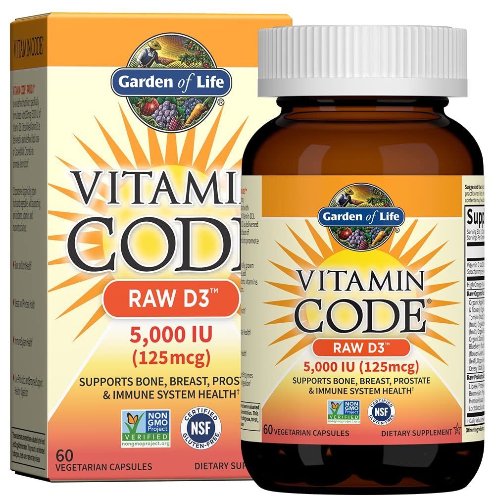 Garden of Life Vitamin D3 5000 IE – rohes Vollwertpräparat mit Chlorella, Früchten, Gemüse und Probiotika für Knochen- und Immununterstützung, 60 vegane Kapseln