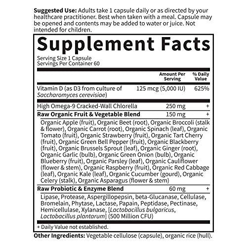 Garden of Life Vitamin D3 5000 IE – rohes Vollwertpräparat mit Chlorella, Früchten, Gemüse und Probiotika für Knochen- und Immununterstützung, 60 vegane Kapseln