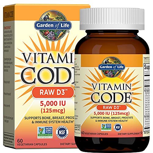 Garden of Life Vitamin D3 5000 IE – rohes Vollwertpräparat mit Chlorella, Früchten, Gemüse und Probiotika für Knochen- und Immununterstützung, 60 vegane Kapseln