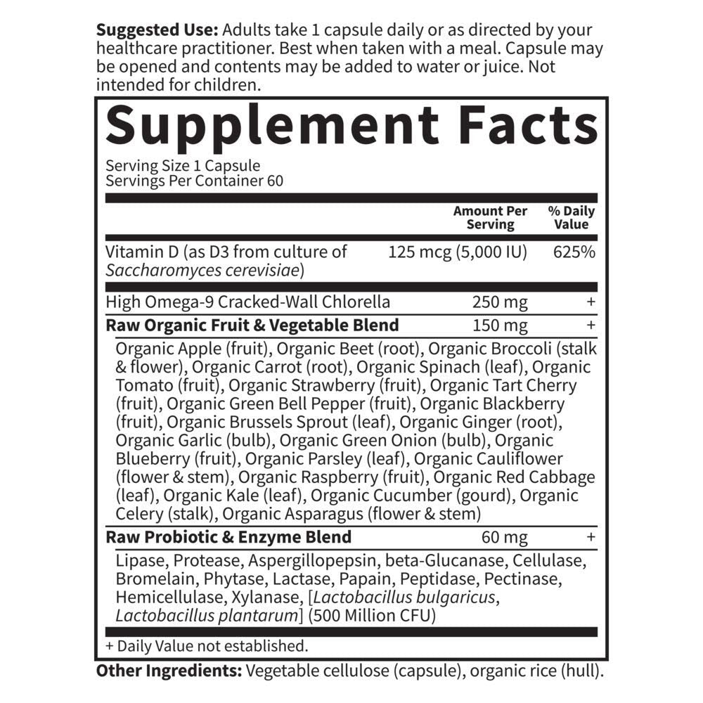Garden of Life Vitamin D3 5000 IE – rohes Vollwertpräparat mit Chlorella, Früchten, Gemüse und Probiotika für Knochen- und Immununterstützung, 60 vegane Kapseln