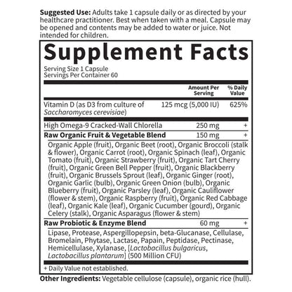 Garden of Life Vitamin D3 5000 IE – rohes Vollwertpräparat mit Chlorella, Früchten, Gemüse und Probiotika für Knochen- und Immununterstützung, 60 vegane Kapseln