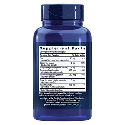 Life Extension Only Trace Minerals – Tägliche Dosis Zink, Chrom, Bor, Kupfer, Mangan, Vanadylsulfat – Glutenfrei, Nicht-GVO, Vegetarisch, 90 Kapseln