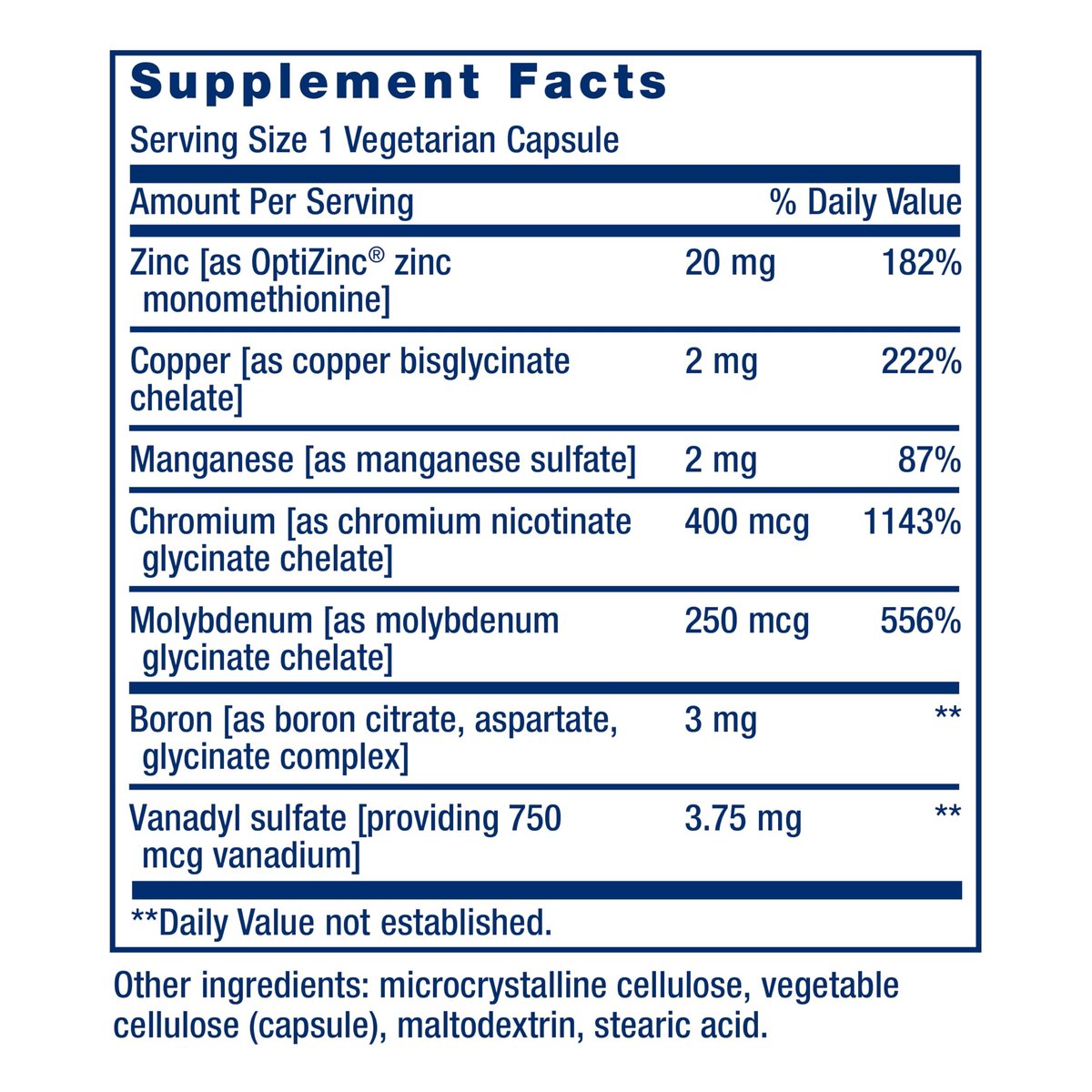 Life Extension Only Trace Minerals – Tägliche Dosis Zink, Chrom, Bor, Kupfer, Mangan, Vanadylsulfat – Glutenfrei, Nicht-GVO, Vegetarisch, 90 Kapseln