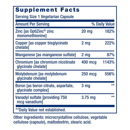 Life Extension Only Trace Minerals – Tägliche Dosis Zink, Chrom, Bor, Kupfer, Mangan, Vanadylsulfat – Glutenfrei, Nicht-GVO, Vegetarisch, 90 Kapseln