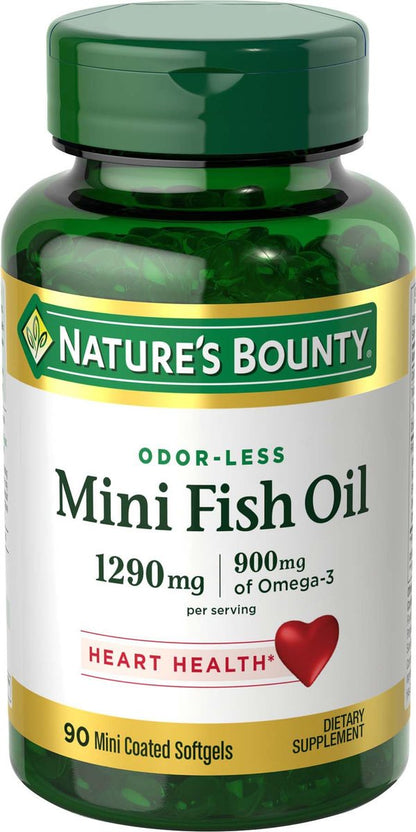 Nature's Bounty Mini Fischöl Kapseln – Burpless Omega 3 Nahrungsergänzung für die Herzgesundheit, 90 Weichkapseln