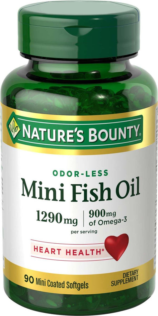 Nature's Bounty Mini Fischöl Kapseln – Burpless Omega 3 Nahrungsergänzung für die Herzgesundheit, 90 Weichkapseln