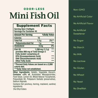 Nature's Bounty Mini Fischöl Kapseln – Burpless Omega 3 Nahrungsergänzung für die Herzgesundheit, 90 Weichkapseln