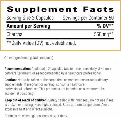 Integrative Therapeutics Aktivkohle – Verdauungs- und Darmgesundheit Nahrungsergänzungsmittel* – Effektive gastrointestinale Unterstützung* – Glutenfrei & laktosefrei – 100 Kapseln (50 Portionen)