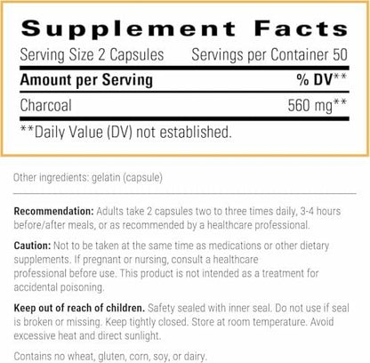 Integrative Therapeutics Aktivkohle – Verdauungs- und Darmgesundheit Nahrungsergänzungsmittel* – Effektive gastrointestinale Unterstützung* – Glutenfrei & laktosefrei – 100 Kapseln (50 Portionen)