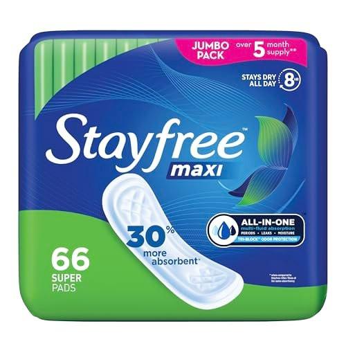 Stayfree Maxi Super Long Damenbinden, flügellos, zuverlässiger Schutz und Saugfähigkeit für die Menstruation, 66 Stück
