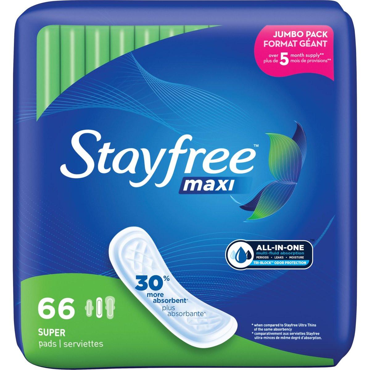 Stayfree Maxi Super Long Damenbinden, flügellos, zuverlässiger Schutz und Saugfähigkeit für die Menstruation, 66 Stück