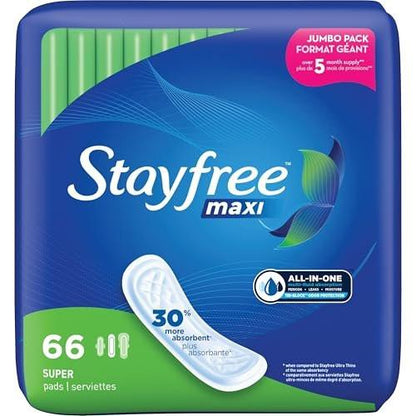 Stayfree Maxi Super Long Damenbinden, flügellos, zuverlässiger Schutz und Saugfähigkeit für die Menstruation, 66 Stück