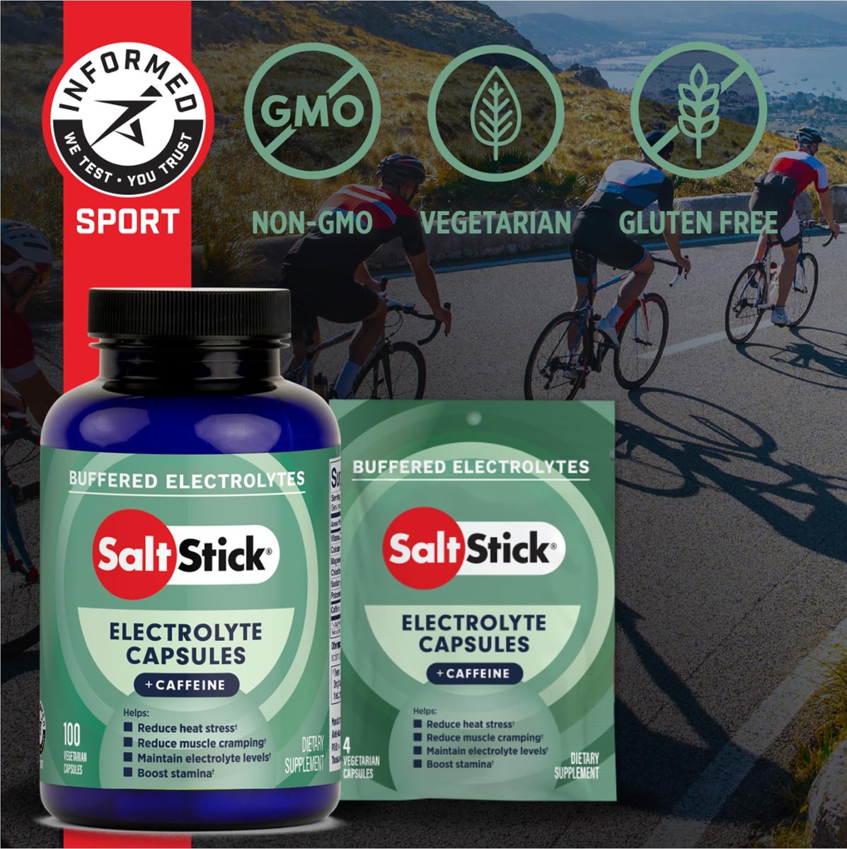 SaltStick Elektrolyte mit Koffein – Salzpillen für Läufer, Hydration, Krämpfe, Erholung, Wanderausrüstung – Salz, Magnesium, Kalium, Vitamin D3 – 100 Kapseln
