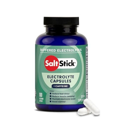 SaltStick Elektrolyte mit Koffein – Salzpillen für Läufer, Hydration, Krämpfe, Erholung, Wanderausrüstung – Salz, Magnesium, Kalium, Vitamin D3 – 100 Kapseln