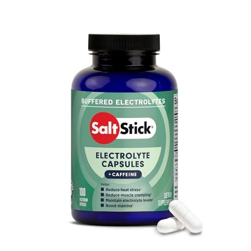 SaltStick Elektrolyte mit Koffein – Salzpillen für Läufer, Hydration, Krämpfe, Erholung, Wanderausrüstung – Salz, Magnesium, Kalium, Vitamin D3 – 100 Kapseln