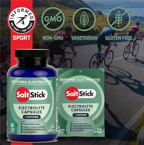 SaltStick Elektrolyte mit Koffein – Salzpillen für Läufer, Hydration, Krämpfe, Erholung, Wanderausrüstung – Salz, Magnesium, Kalium, Vitamin D3 – 100 Kapseln