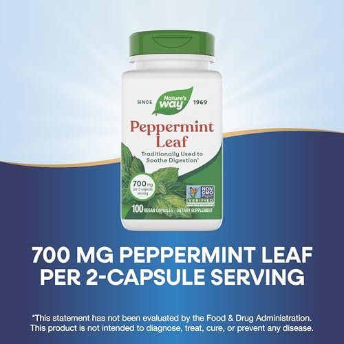Nature's Way Pfefferminzblätter – Traditionell zur Unterstützung der Verdauung*, 700 mg pro 2-Kapsel-Portion, Pfefferminz-Ergänzung, Non-GMO Project verifiziert, 100 vegane Kapseln (Verpackung kann variieren)