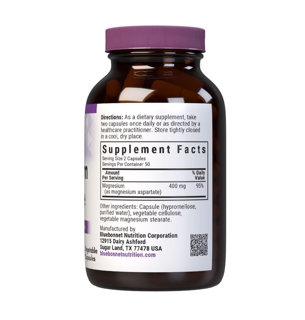 Bluebonnet Nutrition Magnesium 400 mg Chelated Magnesium Aspartat – Tägliches Mineral für Herz & Knochen*, vegan, nicht-GVO – 100 Kapseln