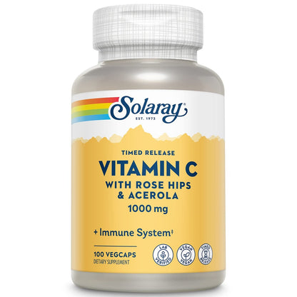 SOLARAY Vitamin C 1000mg mit Zeitfreisetzung - Kapseln mit Hagebutte und Acerola für Bioflavonoid-Unterstützung - Zweistufige, ganztägige Immununterstützung - Vegan, 60-Tage-Garantie