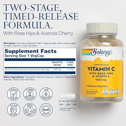 SOLARAY Vitamin C 1000mg mit Zeitfreisetzung - Kapseln mit Hagebutte und Acerola für Bioflavonoid-Unterstützung - Zweistufige, ganztägige Immununterstützung - Vegan, 60-Tage-Garantie