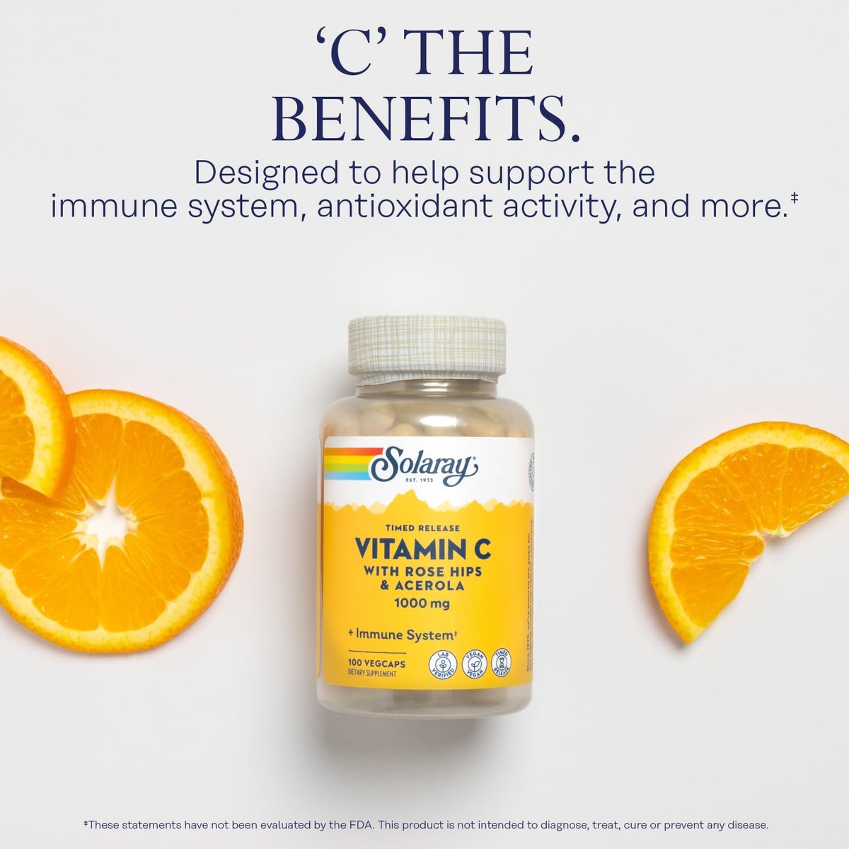 SOLARAY Vitamin C 1000mg mit Zeitfreisetzung - Kapseln mit Hagebutte und Acerola für Bioflavonoid-Unterstützung - Zweistufige, ganztägige Immununterstützung - Vegan, 60-Tage-Garantie