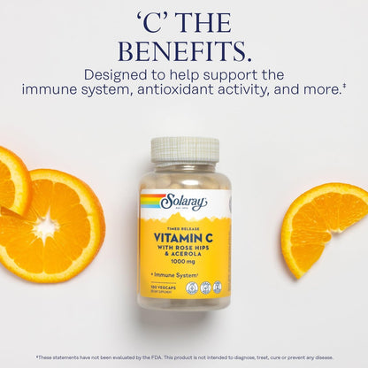 SOLARAY Vitamin C 1000mg mit Zeitfreisetzung - Kapseln mit Hagebutte und Acerola für Bioflavonoid-Unterstützung - Zweistufige, ganztägige Immununterstützung - Vegan, 60-Tage-Garantie