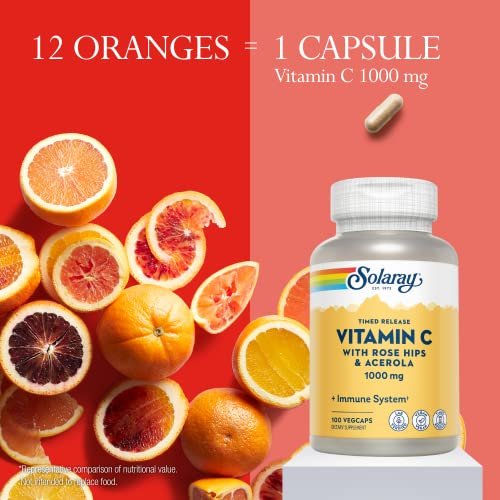 SOLARAY Vitamin C 1000mg mit Zeitfreisetzung - Kapseln mit Hagebutte und Acerola für Bioflavonoid-Unterstützung - Zweistufige, ganztägige Immununterstützung - Vegan, 60-Tage-Garantie