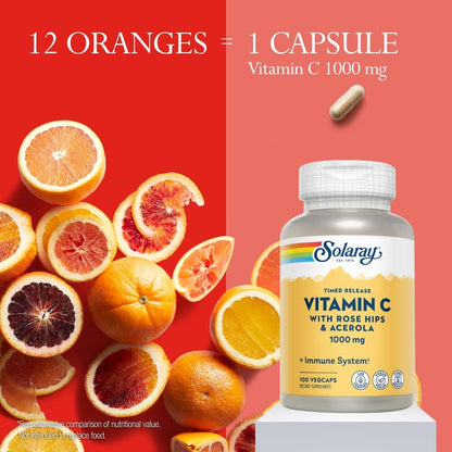 SOLARAY Vitamin C 1000mg mit Zeitfreisetzung - Kapseln mit Hagebutte und Acerola für Bioflavonoid-Unterstützung - Zweistufige, ganztägige Immununterstützung - Vegan, 60-Tage-Garantie