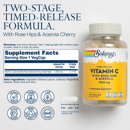 SOLARAY Vitamin C 1000mg mit Zeitfreisetzung - Kapseln mit Hagebutte und Acerola für Bioflavonoid-Unterstützung - Zweistufige, ganztägige Immununterstützung - Vegan, 60-Tage-Garantie