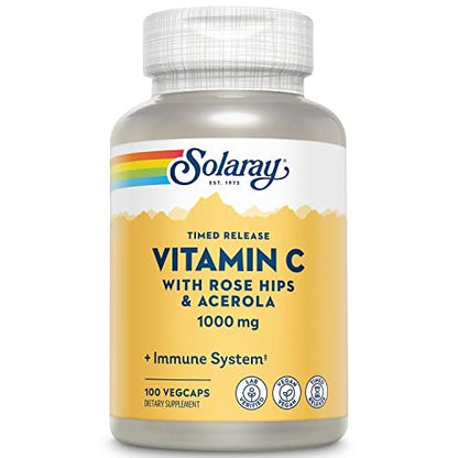 SOLARAY Vitamin C 1000mg mit Zeitfreisetzung - Kapseln mit Hagebutte und Acerola für Bioflavonoid-Unterstützung - Zweistufige, ganztägige Immununterstützung - Vegan, 60-Tage-Garantie