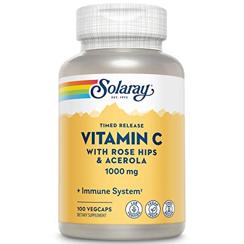 SOLARAY Vitamin C 1000mg mit Zeitfreisetzung - Kapseln mit Hagebutte und Acerola für Bioflavonoid-Unterstützung - Zweistufige, ganztägige Immununterstützung - Vegan, 60-Tage-Garantie