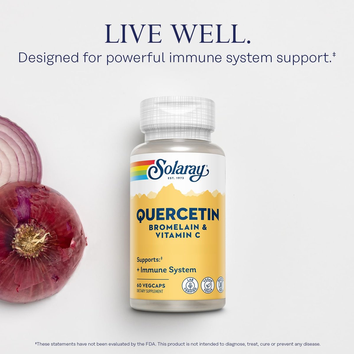 SOLARAY Quercetin mit Bromelain und Vitamin C – Immununterstützung, Antioxidans und Herzgesundheitskomplex mit 500 mg Quercetin und 1235 mg Vitamin C – Vegan, 60-Tage-Garantie, 30 Portionen, 60 VegCaps