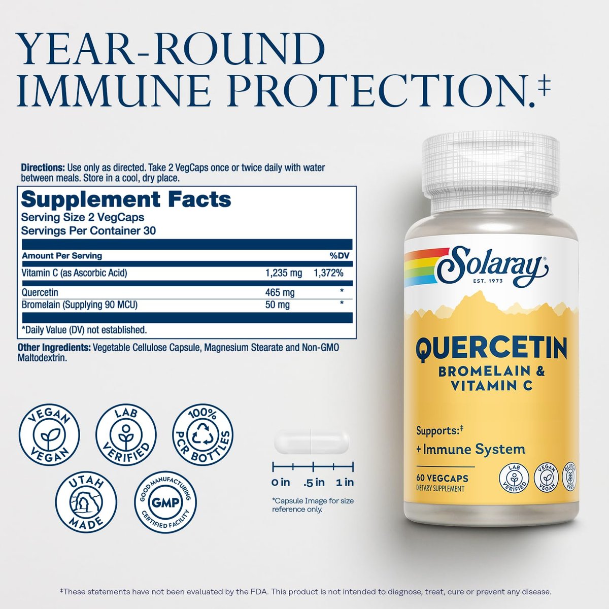 SOLARAY Quercetin mit Bromelain und Vitamin C – Immununterstützung, Antioxidans und Herzgesundheitskomplex mit 500 mg Quercetin und 1235 mg Vitamin C – Vegan, 60-Tage-Garantie, 30 Portionen, 60 VegCaps