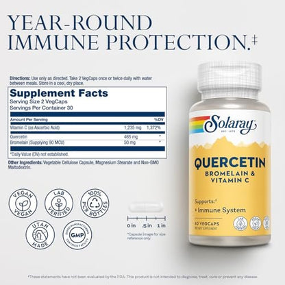SOLARAY Quercetin mit Bromelain und Vitamin C – Immununterstützung, Antioxidans und Herzgesundheitskomplex mit 500 mg Quercetin und 1235 mg Vitamin C – Vegan, 60-Tage-Garantie, 30 Portionen, 60 VegCaps