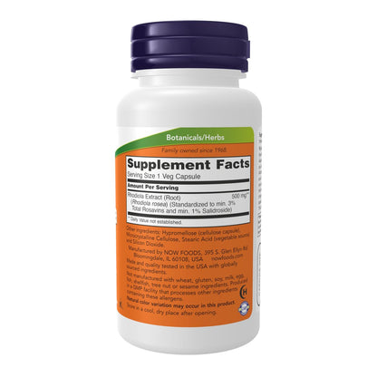 NOW Foods Rhodiola 500 mg – Adaptogene Kräuterkapseln zur Stressbewältigung, 60 vegane Kapseln